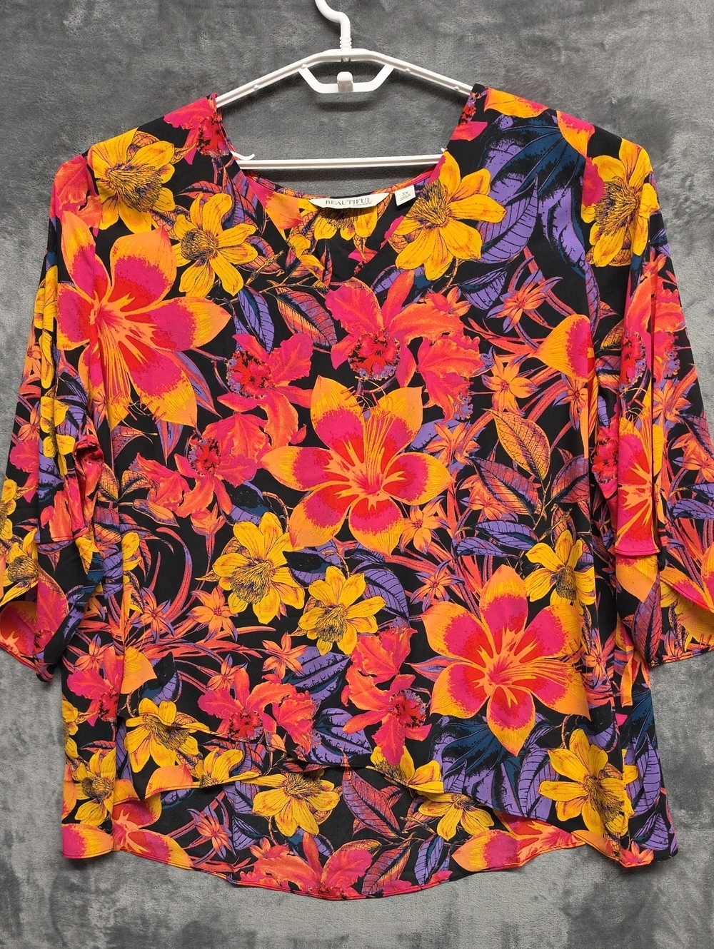 Women's V-Neck Floral Blouse in Black with Pink & Yellow Flowers Sz 3X